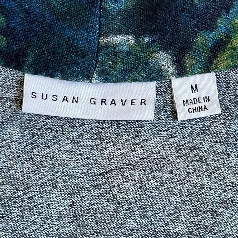 Susan Graver Cardigan Women M Blue Green Abstract Draped Shawl Collar Excellent